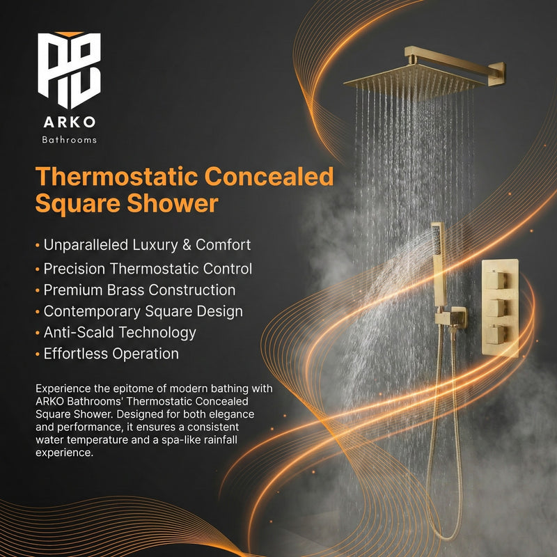 Square Concealed Brass Triple Thermostatic Shower Pack with Head + Handset – ARKO