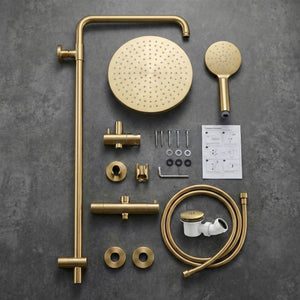 ARKO Bathroom Round Thermostatic Mixer Shower with Riser Rail, Shower Waste & Twin head - Brass