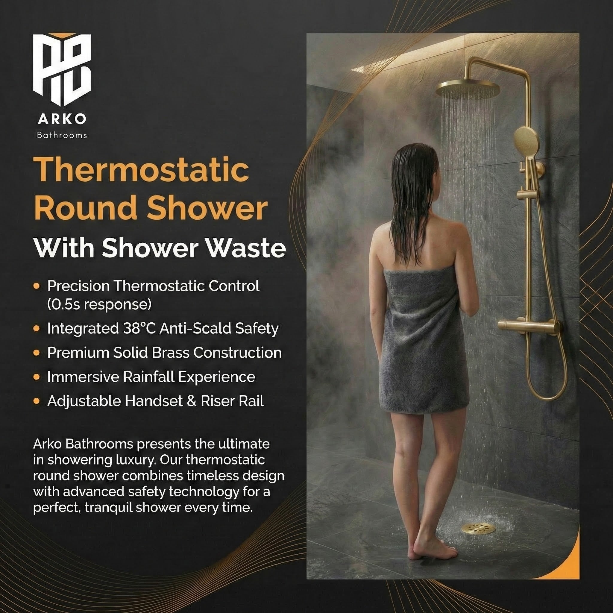 ARKO Bathroom Round Thermostatic Mixer Shower with Riser Rail, Shower Waste & Twin head - Brass