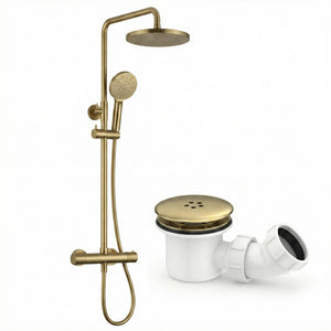 ARKO Bathroom Round Thermostatic Mixer Shower with Riser Rail, Shower Waste & Twin head - Brass
