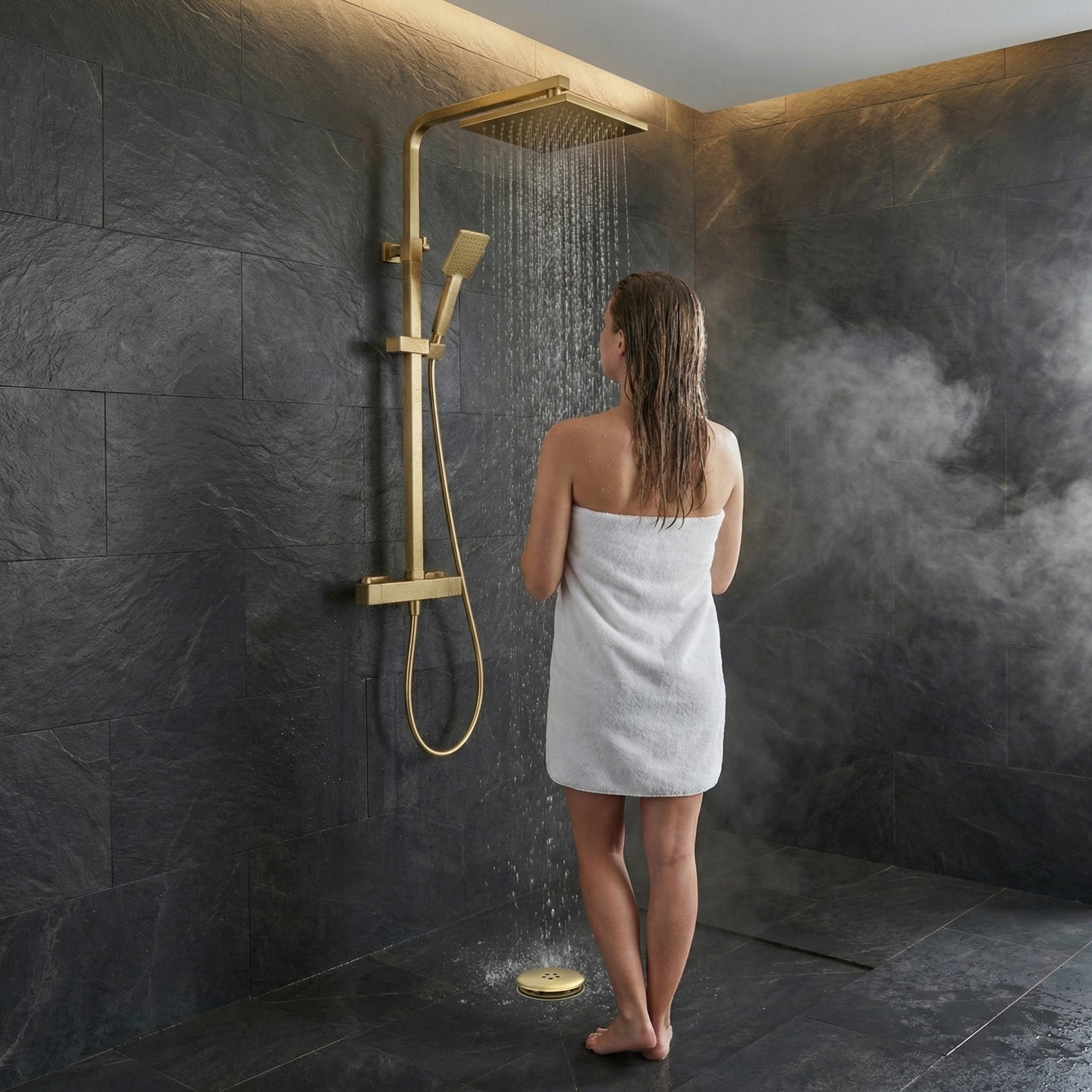 ARKO Bathroom Square Thermostatic Mixer Shower with Riser Rail, Shower Waste & Twin head - Brass