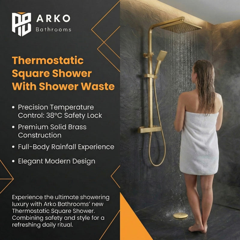 ARKO Bathroom Square Thermostatic Mixer Shower with Riser Rail, Shower Waste & Twin head - Brass