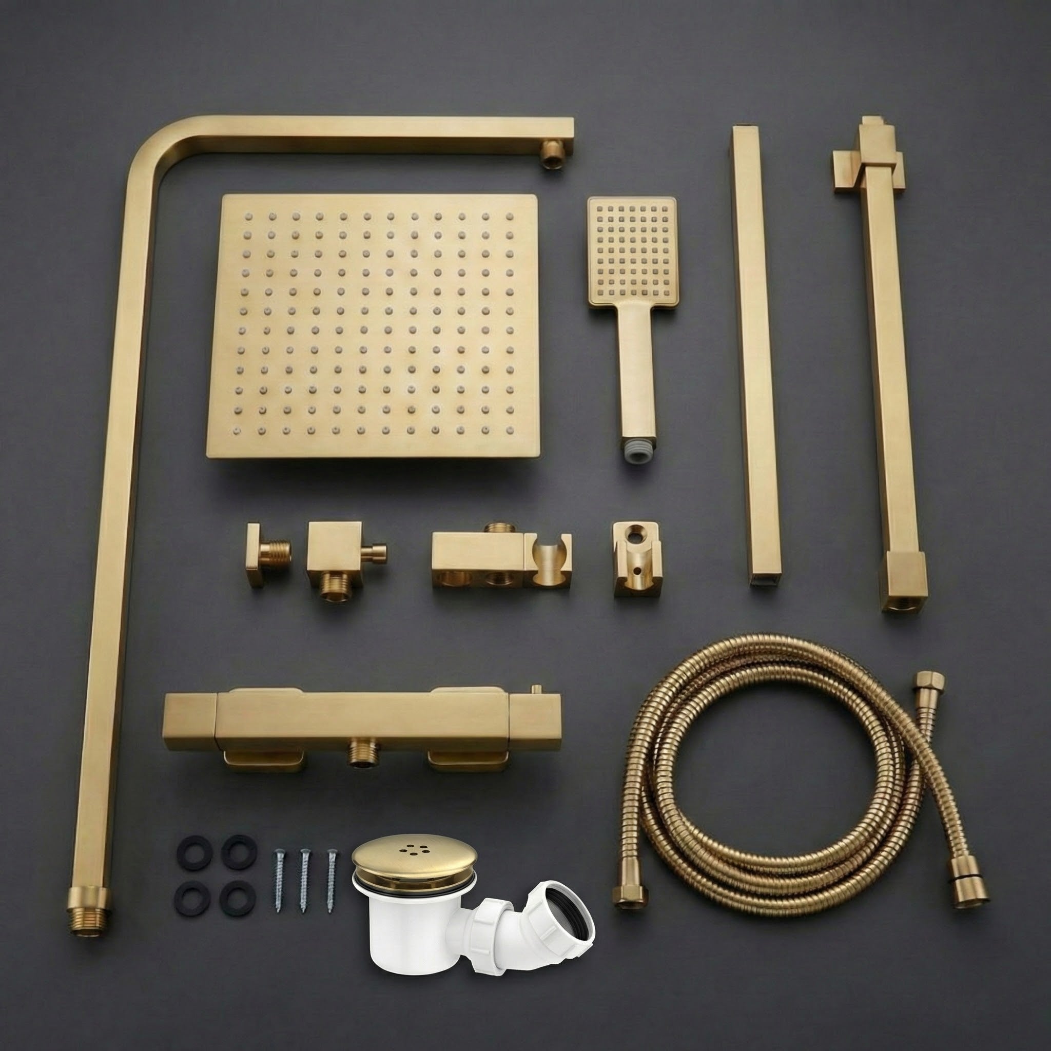 ARKO Bathroom Square Thermostatic Mixer Shower with Riser Rail, Shower Waste & Twin head - Brass