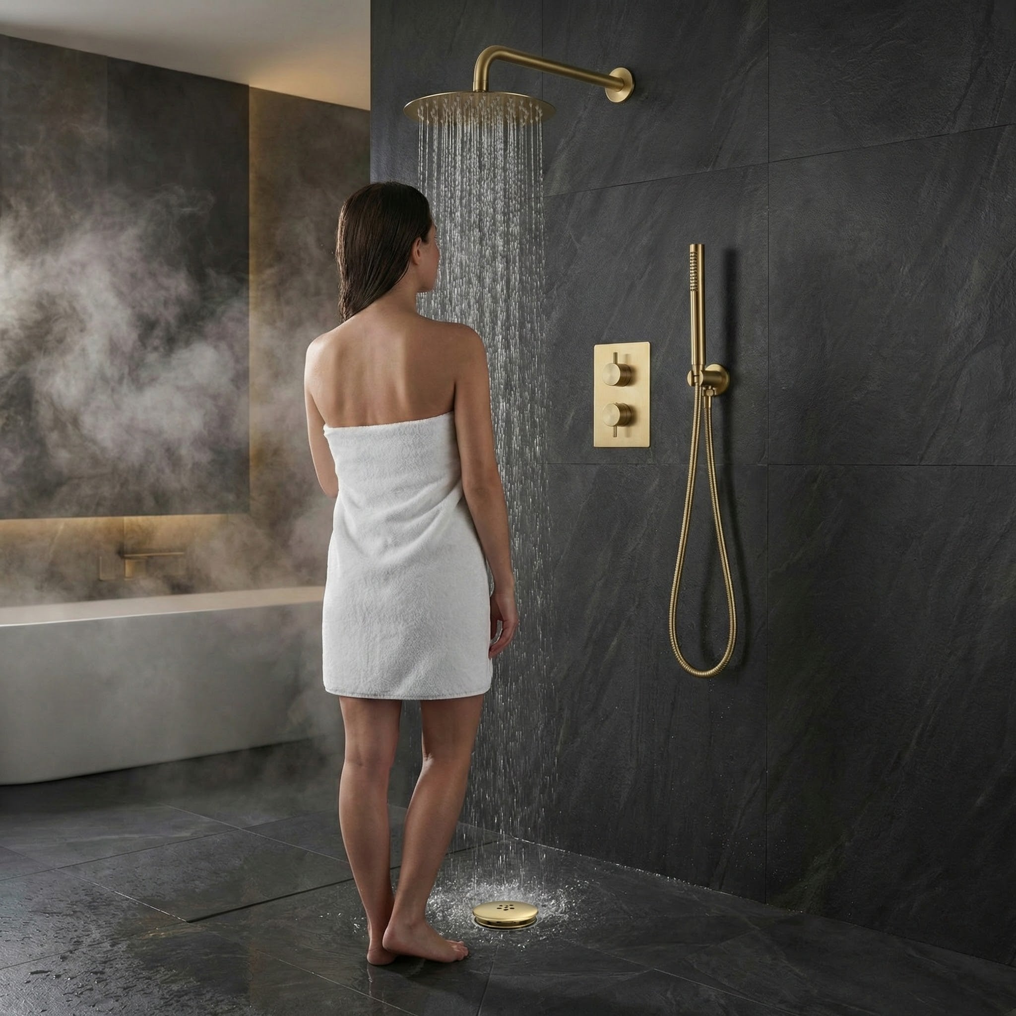 ARKO Round Concealed Thermostatic Shower Mixer 2 Dial Twin Head with Valve, Handset & Shower Waste – Brass