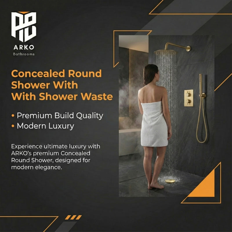 ARKO Round Concealed Thermostatic Shower Mixer 2 Dial Twin Head with Valve, Handset & Shower Waste – Brass