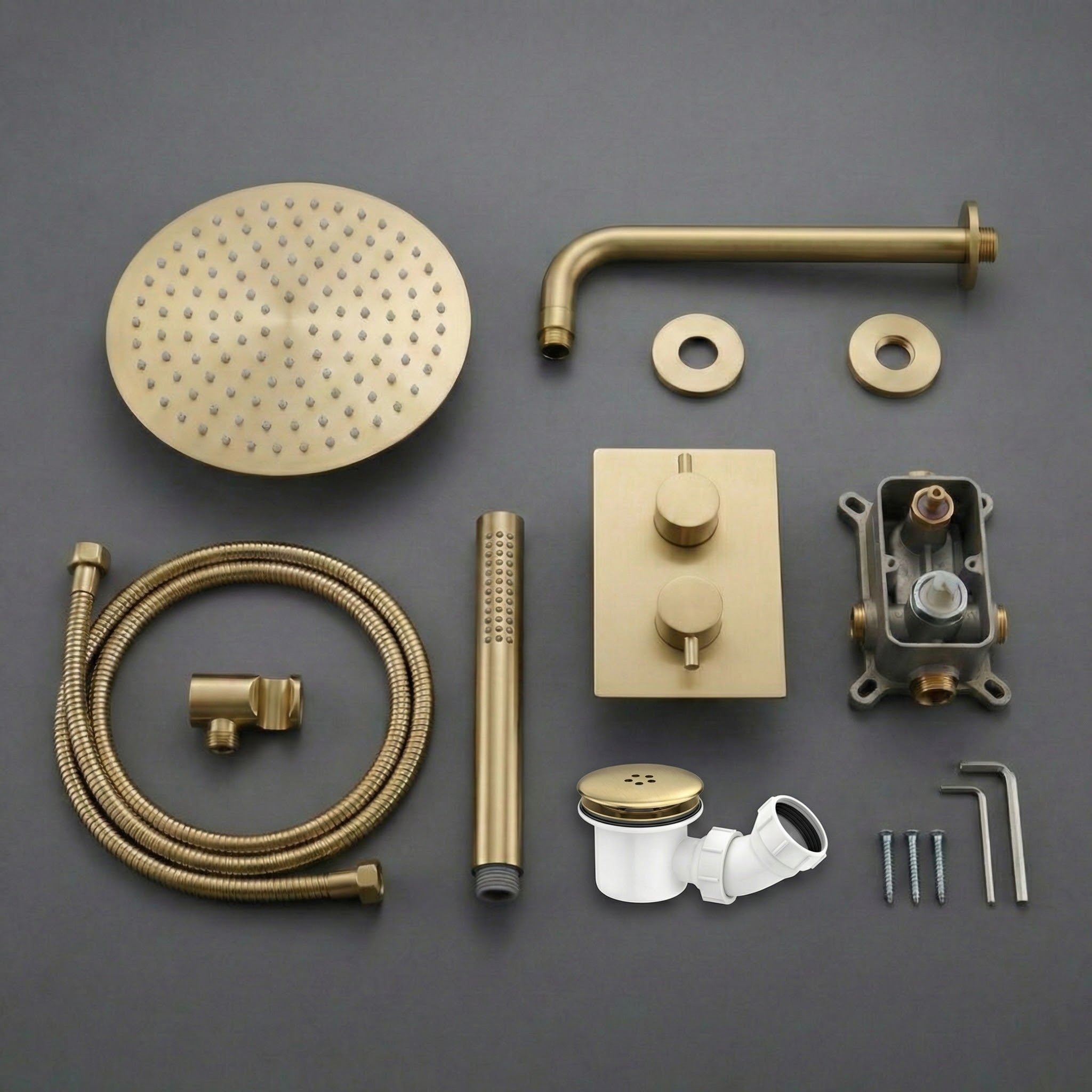 ARKO Round Concealed Thermostatic Shower Mixer 2 Dial Twin Head with Valve, Handset & Shower Waste – Brass