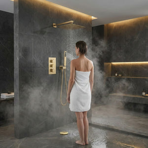 ARKO Square Concealed Thermostatic Shower Mixer 3 Dial Twin Head with Valve, Handset & Shower Waste – Brass