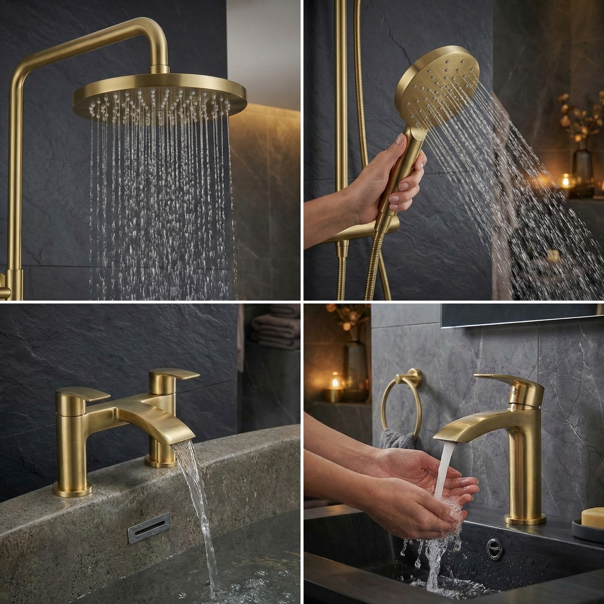 ARKO Capri Basin Mixer Tap, Bath Filler & Thermostatic Mixer Shower Set with Bath Waste – Brass