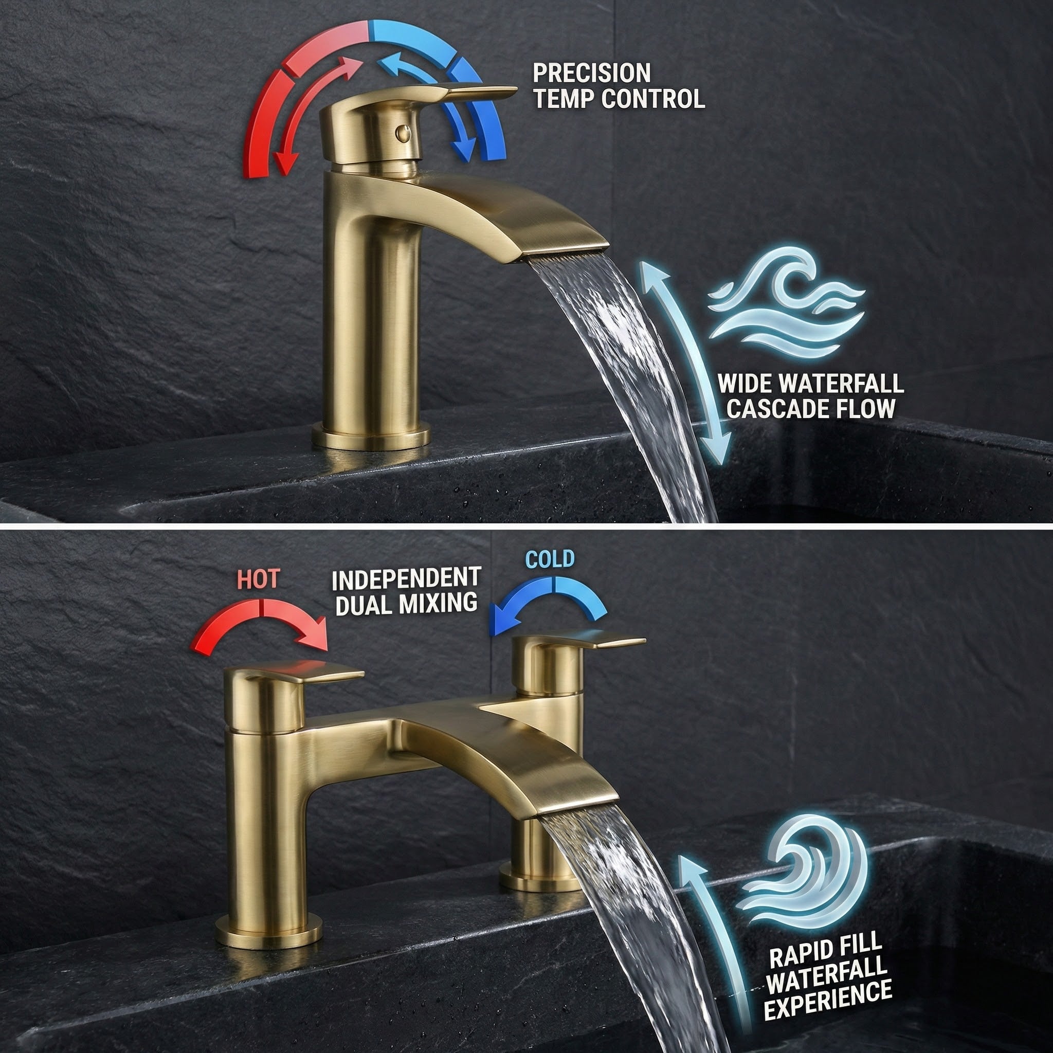 ARKO Capri Basin Mixer Tap, Bath Filler & Thermostatic Mixer Shower Set with Bath Waste – Brass