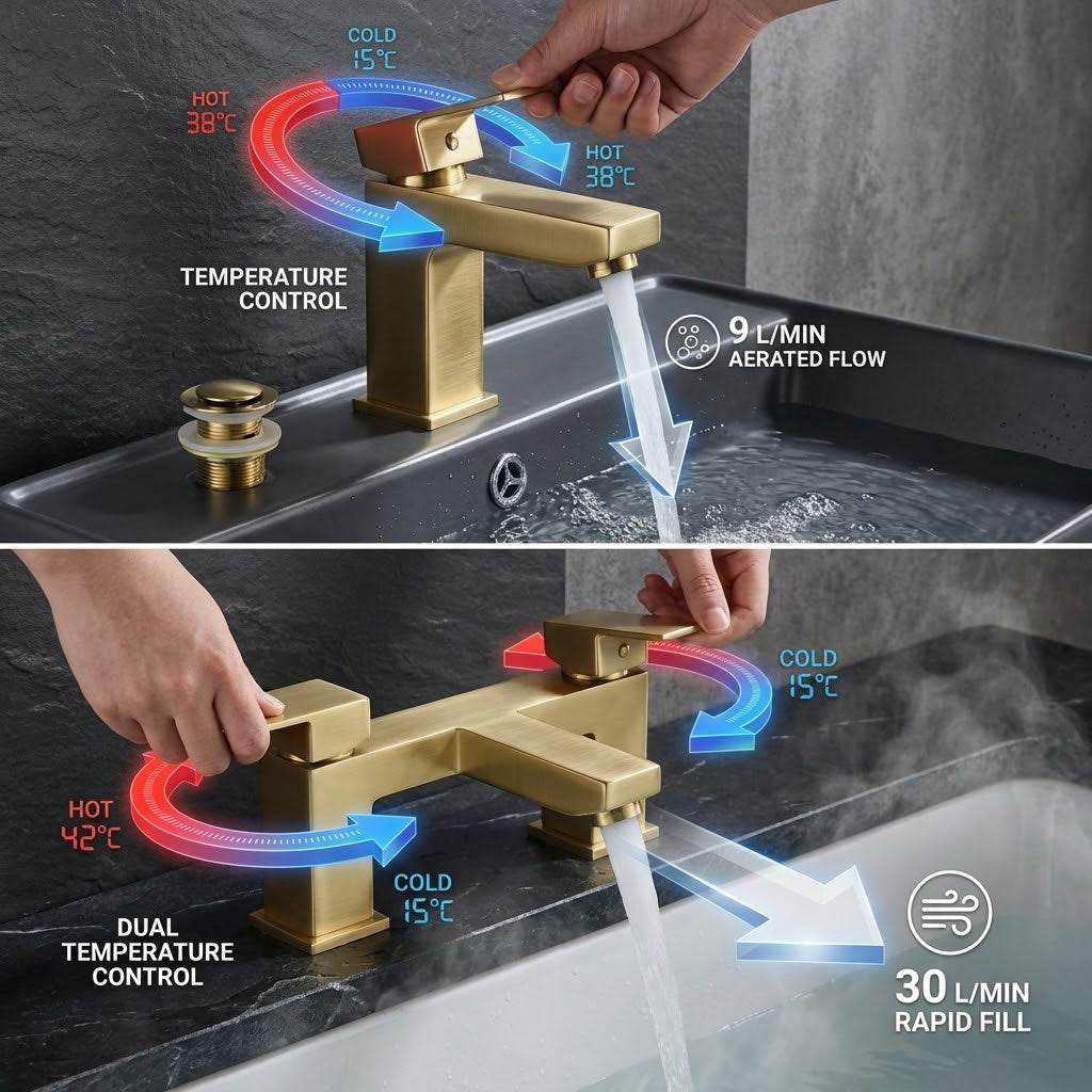 ARKO Verda Basin Mixer Tap, Bath Filler & Thermostatic Mixer Shower Set with Bath Waste – Brass