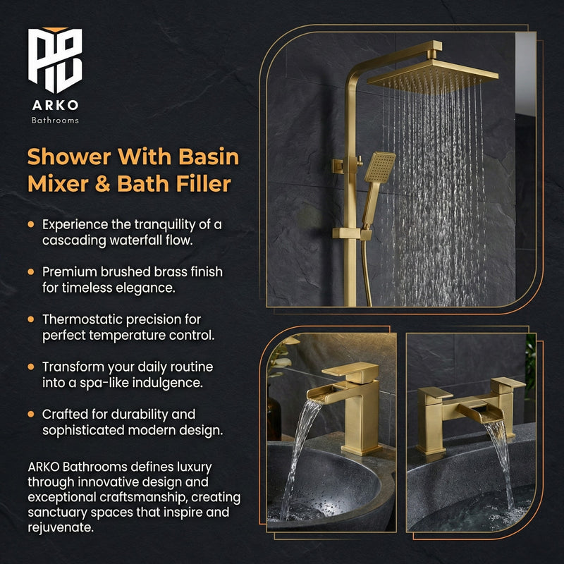 ARKO Waterfall Bath Filler & Mixer Shower Set – Brass