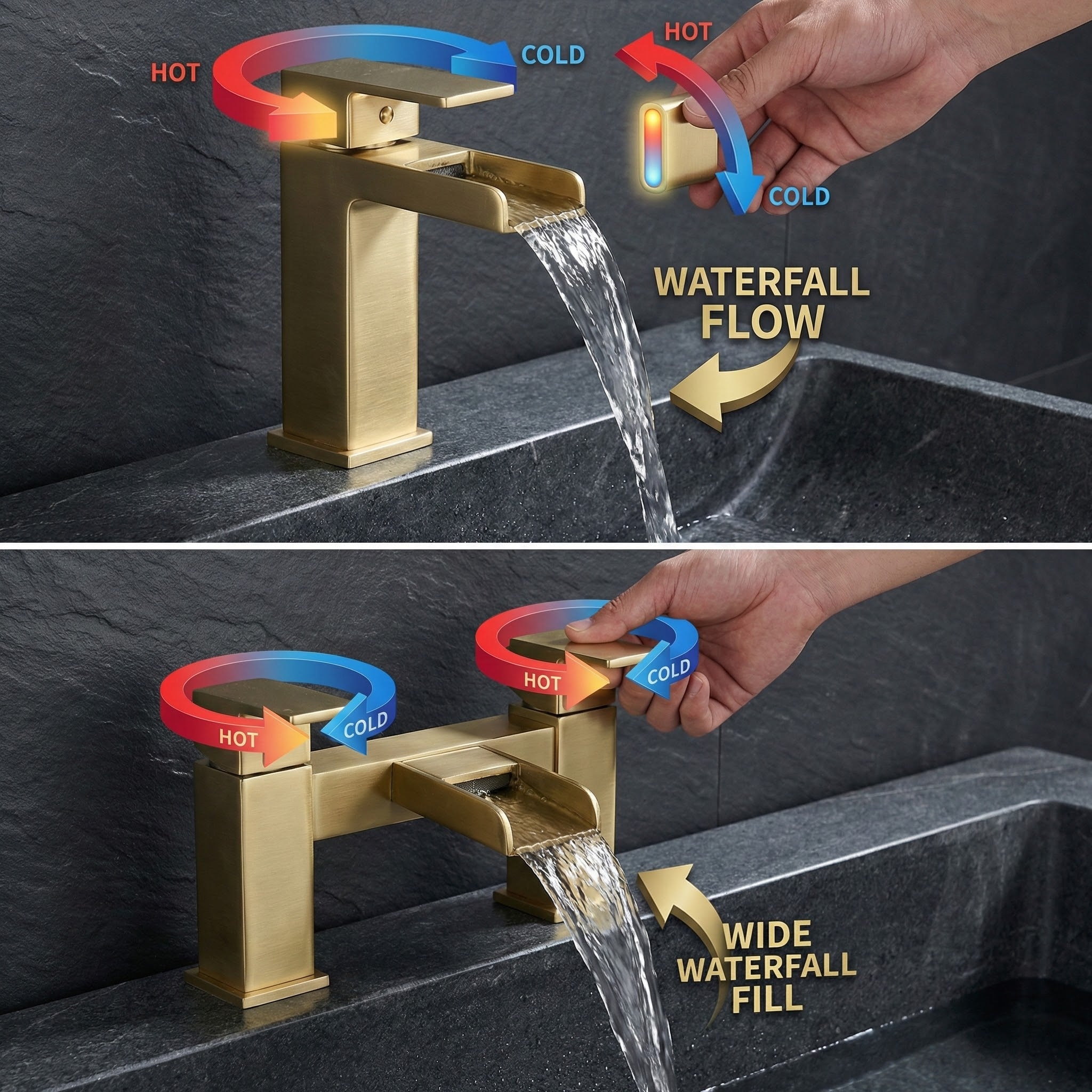 ARKO Waterfall Bath Filler & Mixer Shower Set – Brass