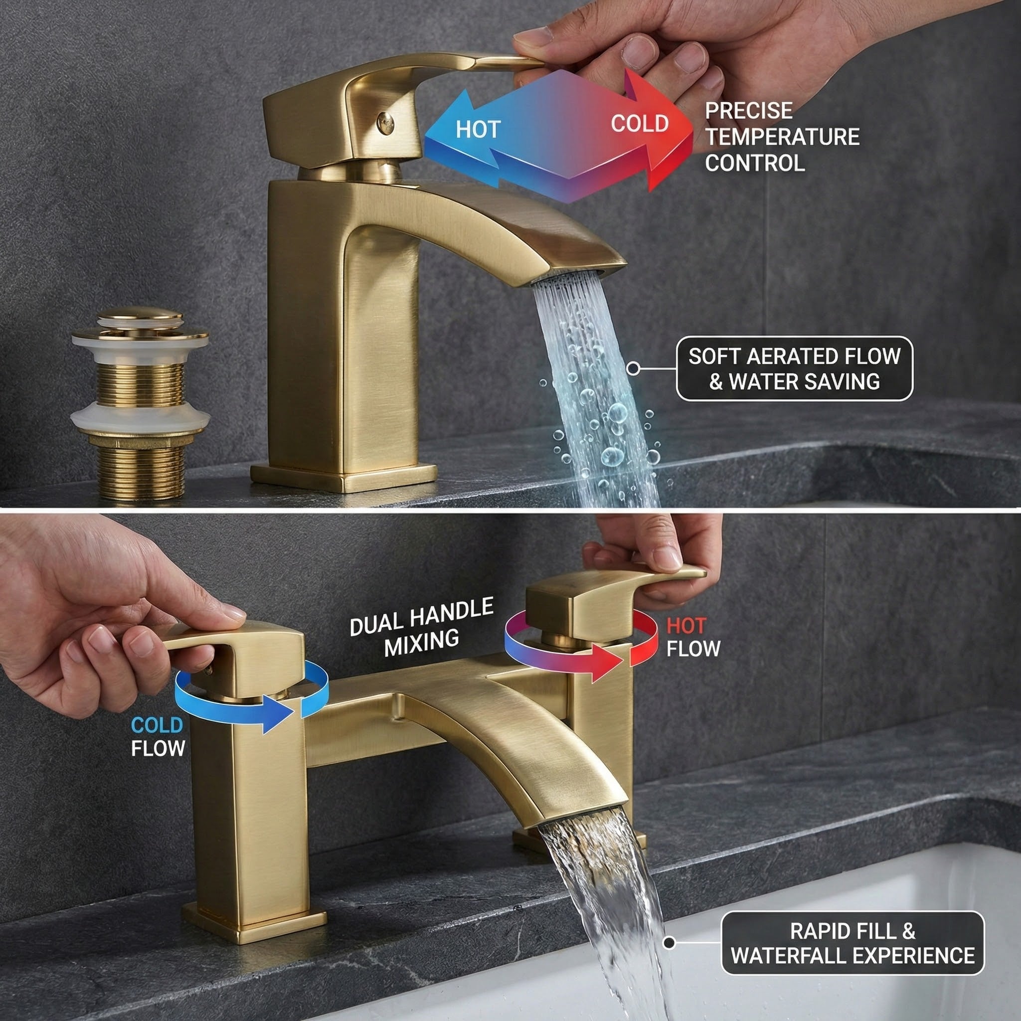 ARKO Vista Basin Mixer Tap, Bath Filler & Thermostatic Mixer Shower Set with Bath Waste – Brass