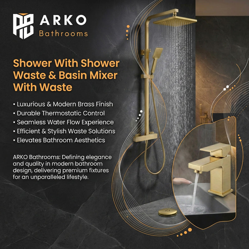 Arko Bathroom Verda Mixer Shower & Basin Mixer Tap Sets with Bath Shower Waste – Brass