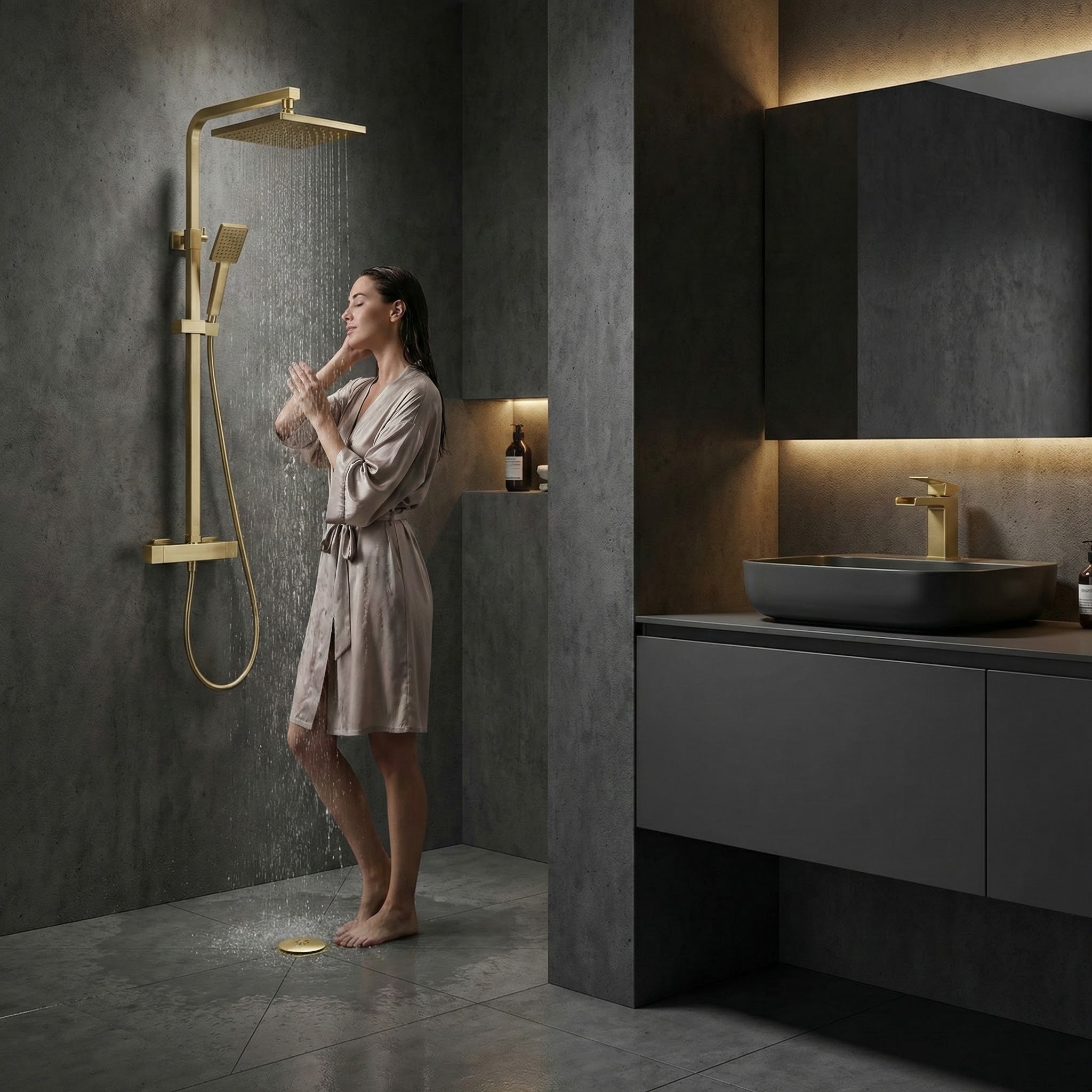 Arko Bathroom Waterfall Mixer Shower & Basin Mixer Tap Sets with Bath Shower Waste – Brass