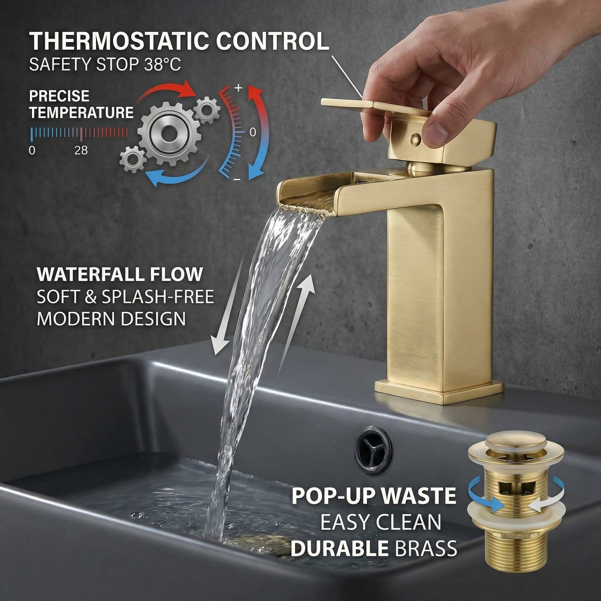 Arko Bathroom Waterfall Mixer Shower & Basin Mixer Tap Sets with Bath Shower Waste – Brass