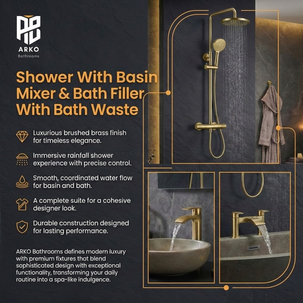 ARKO Capri Basin Mixer Tap, Bath Filler & Thermostatic Mixer Shower Set with Bath Waste – Brass