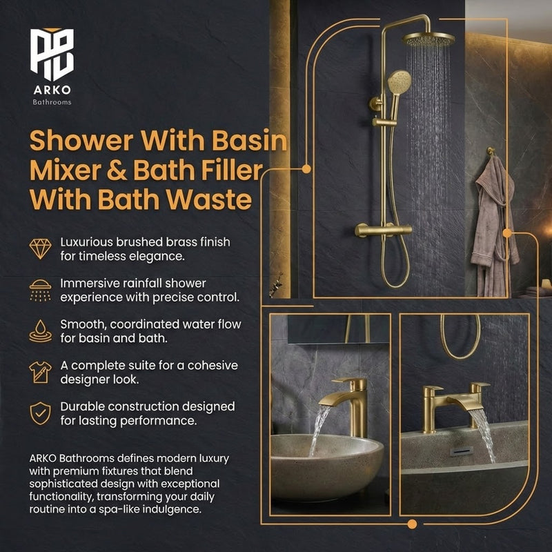 ARKO Capri Basin Mixer Tap, Bath Filler & Thermostatic Mixer Shower Set with Bath Waste – Brass