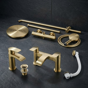 ARKO Capri Basin Mixer Tap, Bath Filler & Thermostatic Mixer Shower Set with Bath Waste – Brass