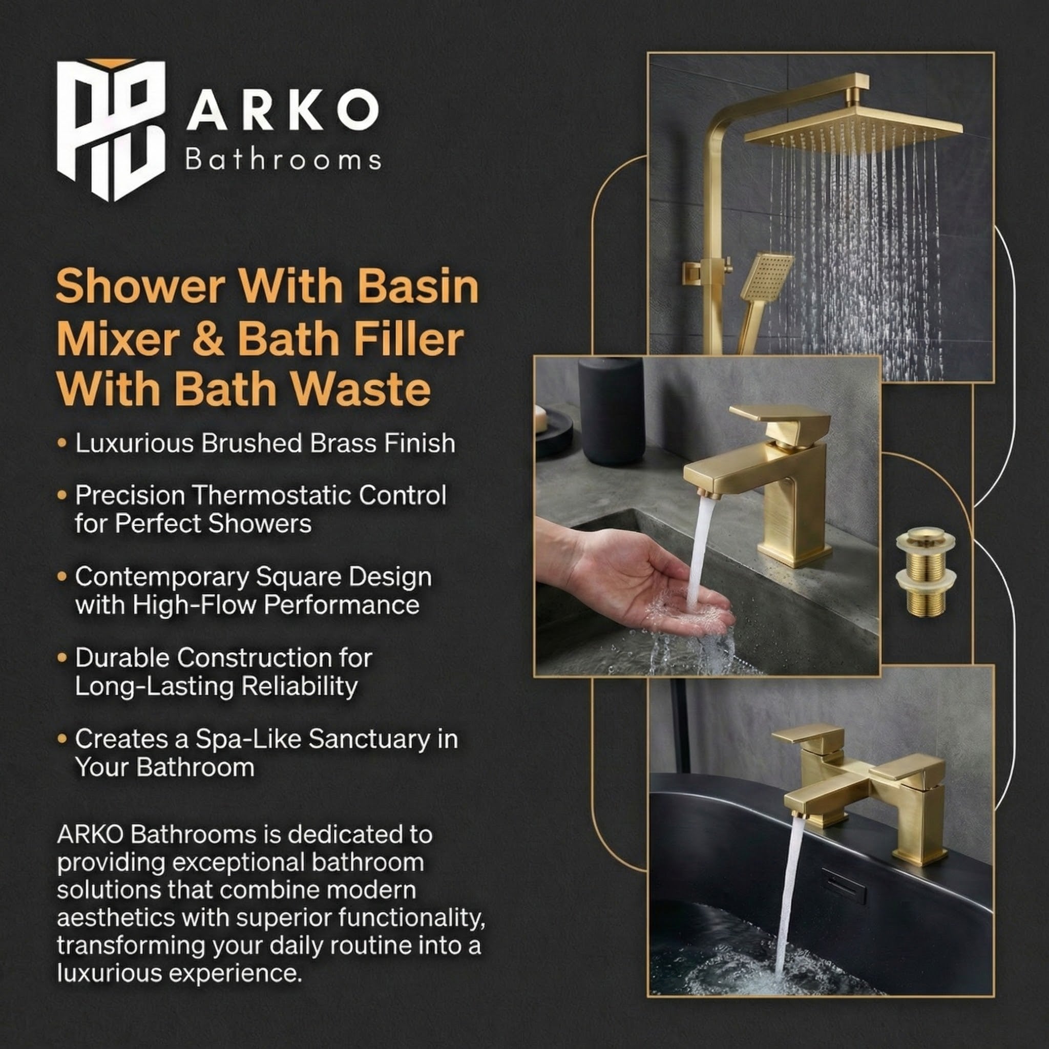ARKO Verda Basin Mixer Tap, Bath Filler & Thermostatic Mixer Shower Set with Bath Waste – Brass