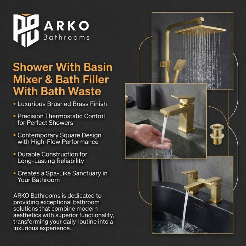 ARKO Verda Basin Mixer Tap, Bath Filler & Thermostatic Mixer Shower Set with Bath Waste – Brass
