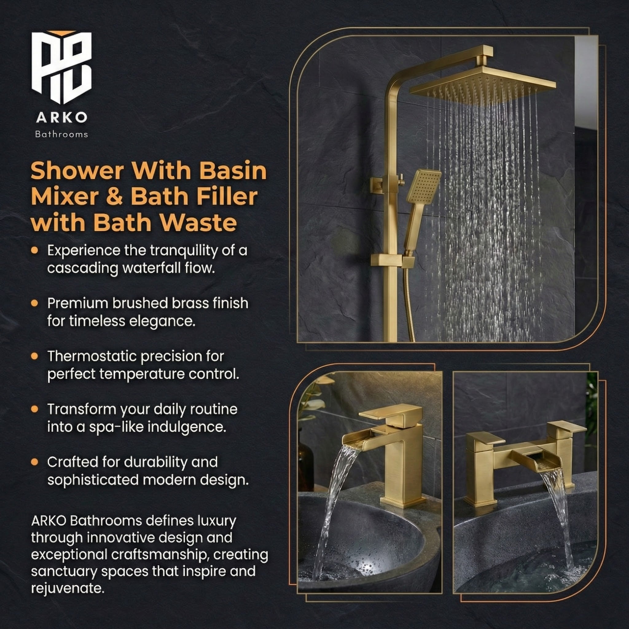 ARKO Waterfall Basin Mixer Tap, Bath Filler & Thermostatic Mixer Shower Set with Bath Waste – Brass