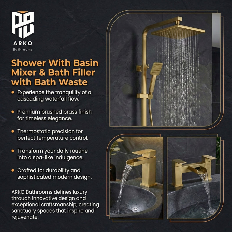 ARKO Waterfall Basin Mixer Tap, Bath Filler & Thermostatic Mixer Shower Set with Bath Waste – Brass