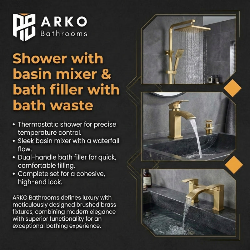 ARKO Vista Basin Mixer Tap, Bath Filler & Thermostatic Mixer Shower Set with Bath Waste – Brass