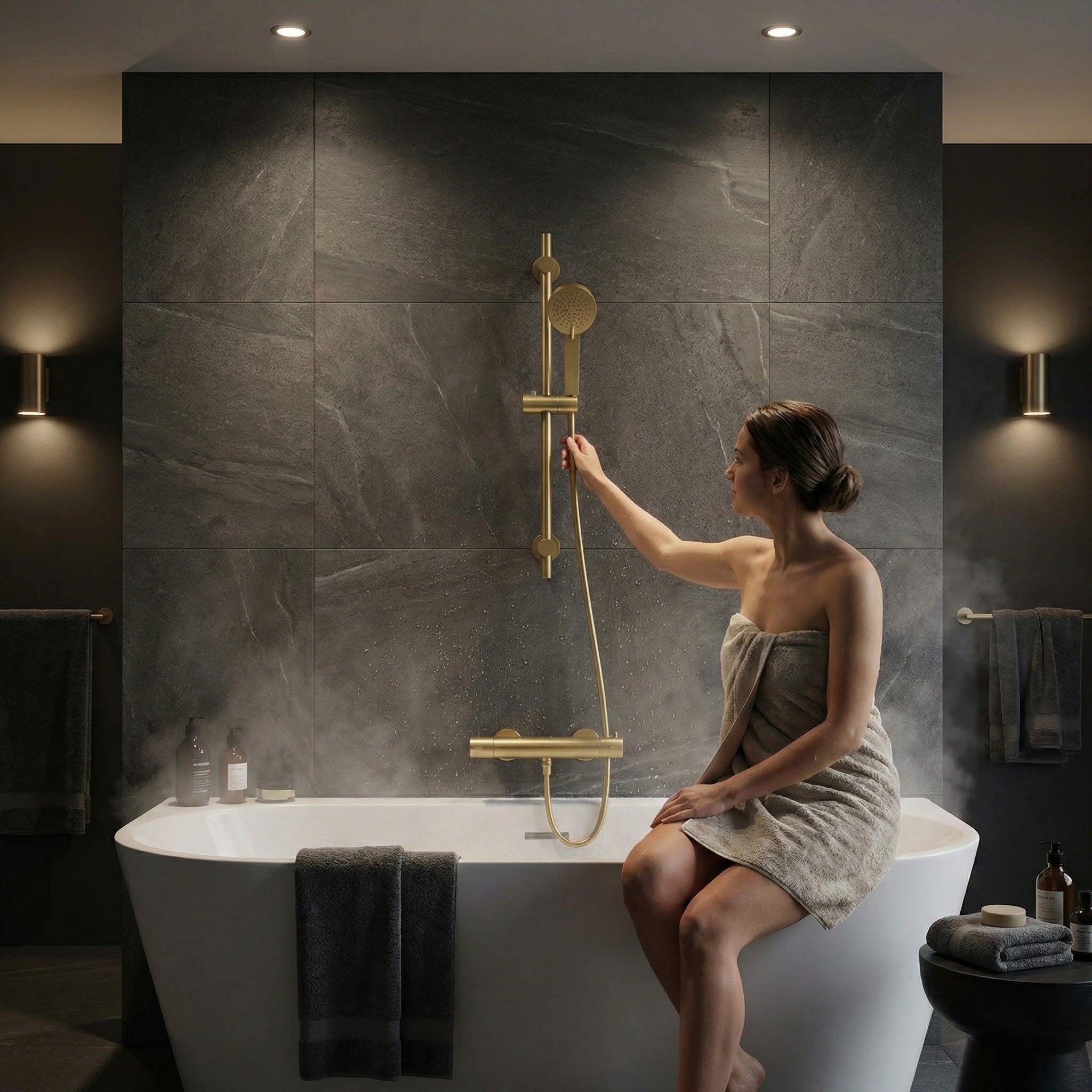 Arko Thermostatic Shower Mixer with Adjustable Riser Kit Exposed Round Shower – Brass