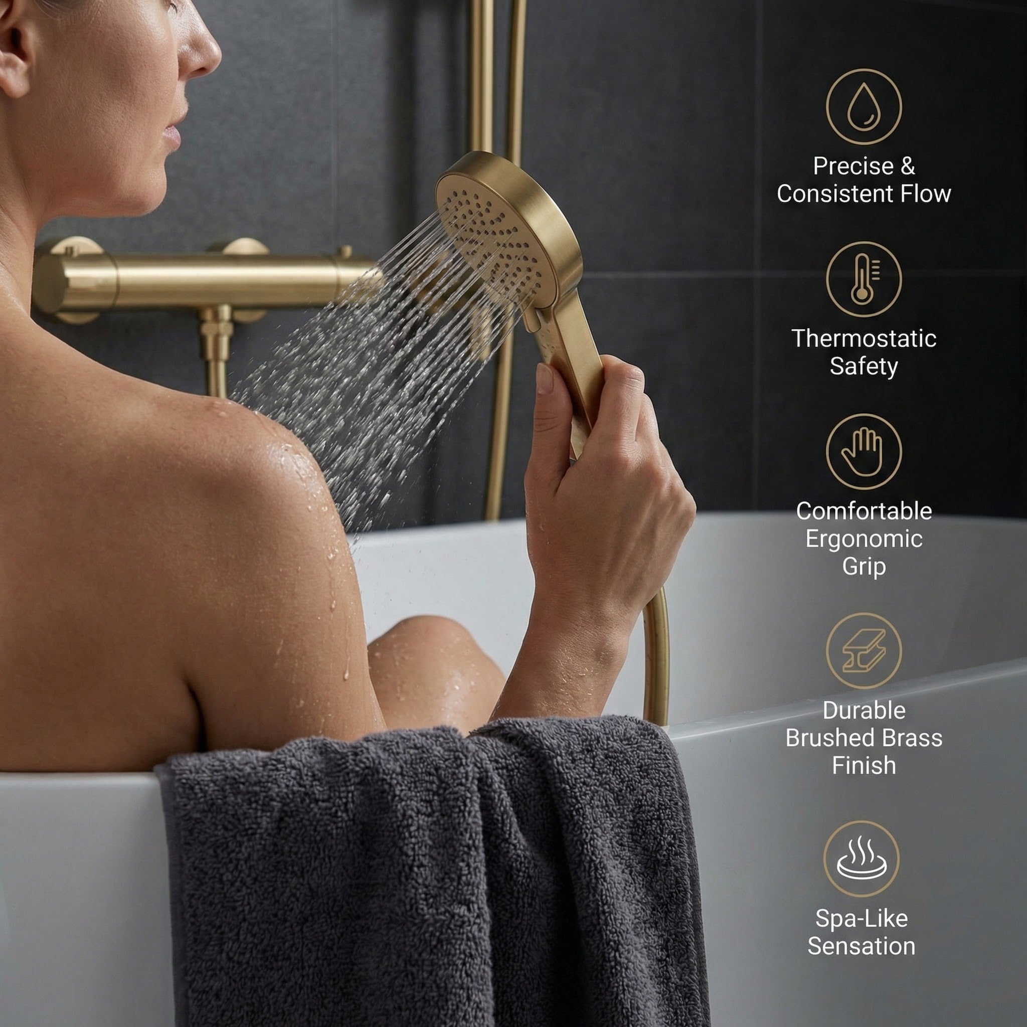 Arko Thermostatic Shower Mixer with Adjustable Riser Kit Exposed Round Shower – Brass