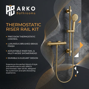 Arko Thermostatic Shower Mixer with Adjustable Riser Kit Exposed Round Shower – Brass