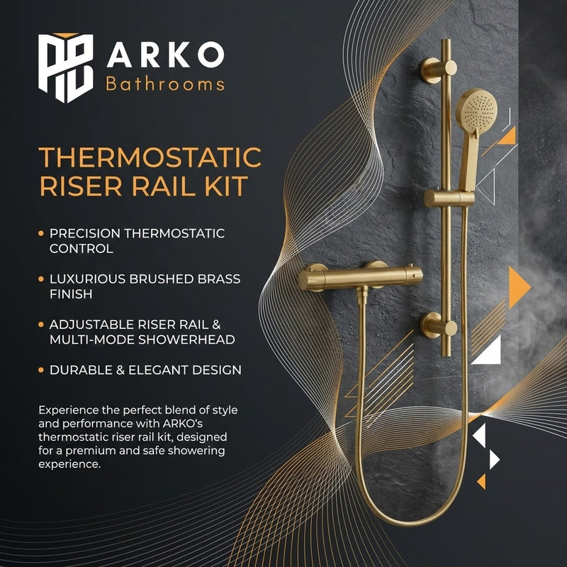 Arko Thermostatic Shower Mixer with Adjustable Riser Kit Exposed Round Shower – Brass