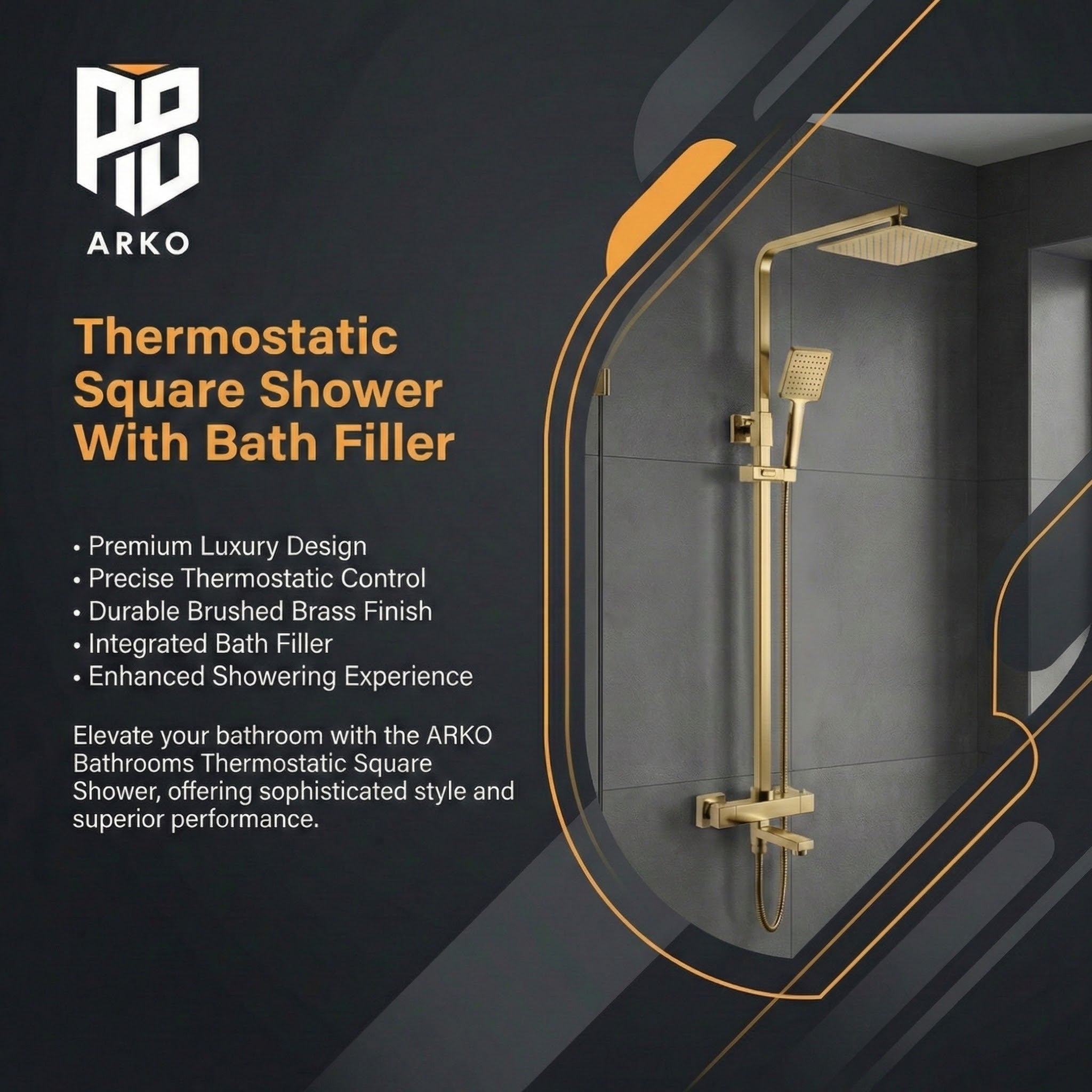 Arko Modern Square Thermostatic Shower  with Filler – Brass