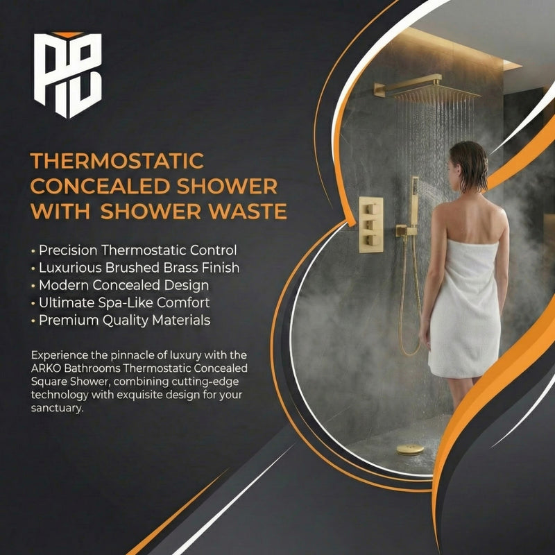 ARKO Square Concealed Thermostatic Shower Mixer 2 Dial Twin Head with Valve, Handset & Shower Waste – Brass