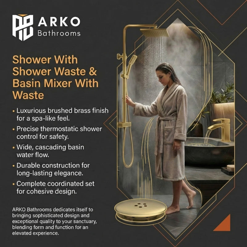 Arko Bathroom Vista Mixer Shower & Basin Mixer Tap Sets with Bath Shower Waste – Brass