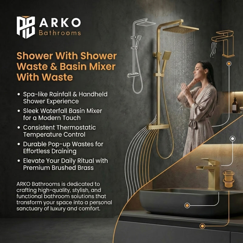 Arko Bathroom Waterfall Mixer Shower & Basin Mixer Tap Sets with Bath Shower Waste – Brass
