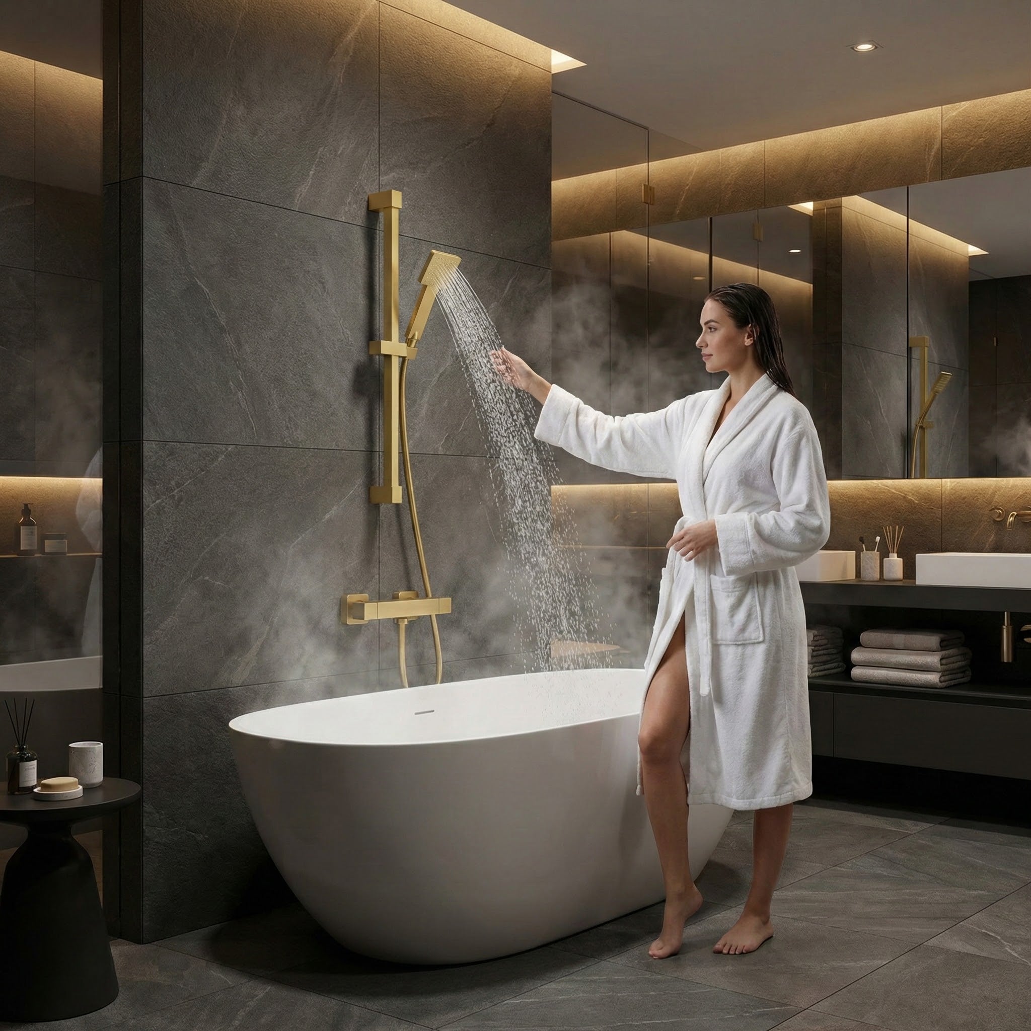 Arko Thermostatic Shower Mixer with Adjustable Riser Kit Exposed Square Shower – Brass