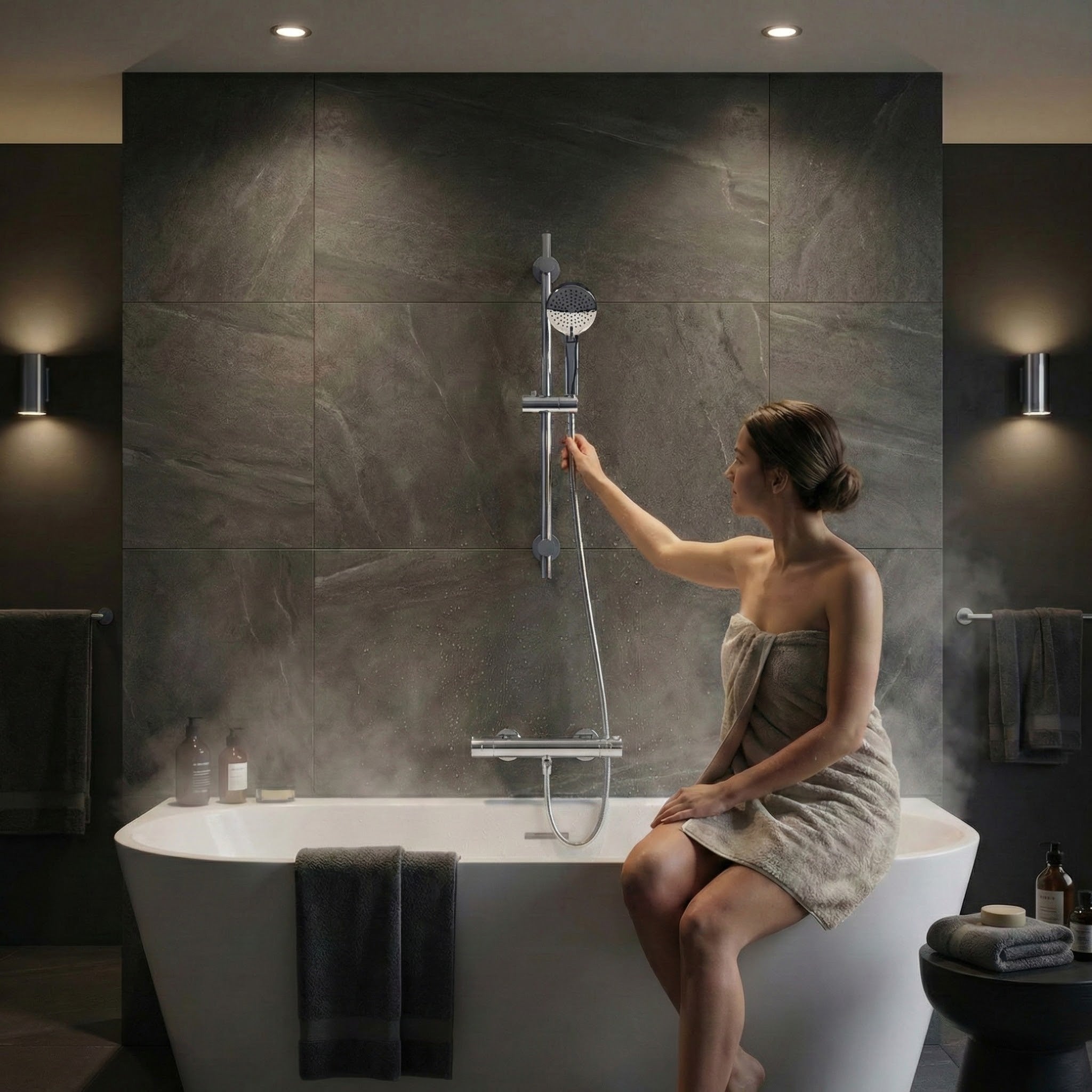 Arko Thermostatic Shower Mixer with Adjustable Riser Kit Exposed Round Shower – Chrome