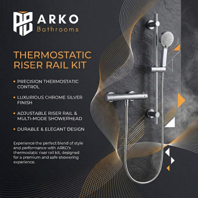 Arko Thermostatic Shower Mixer with Adjustable Riser Kit Exposed Round Shower – Chrome