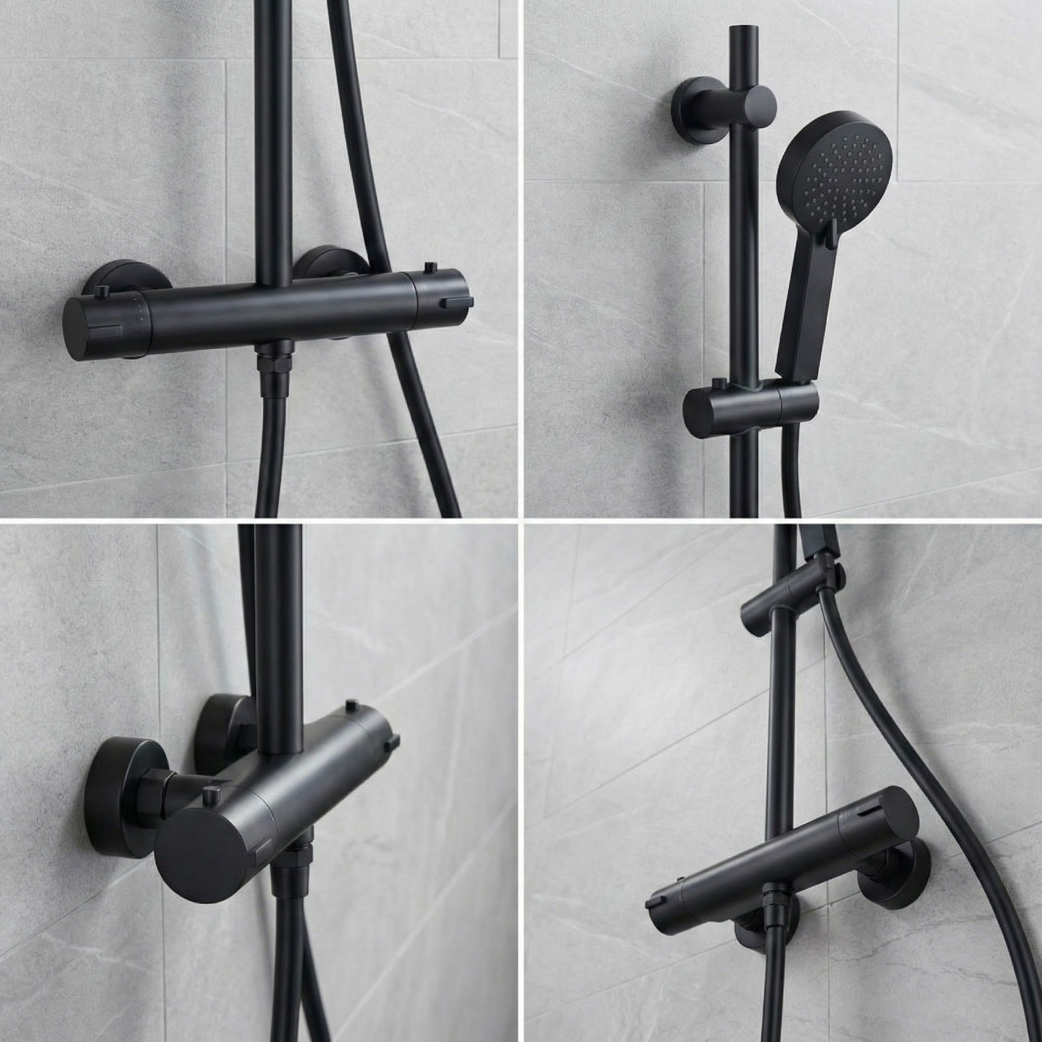 Arko Thermostatic Shower Mixer with Adjustable Riser Kit Exposed Round Shower – Black