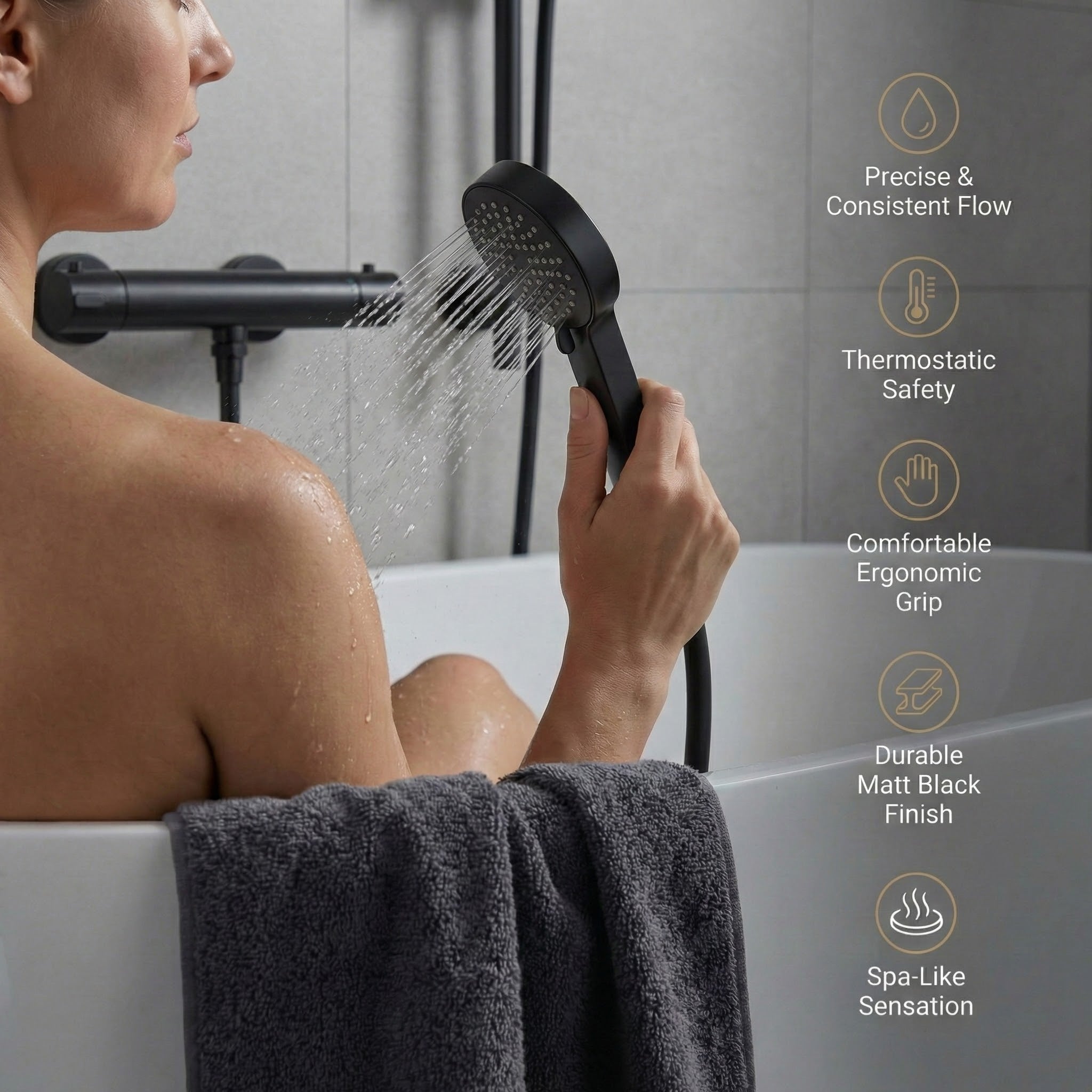 Arko Thermostatic Shower Mixer with Adjustable Riser Kit Exposed Round Shower – Black