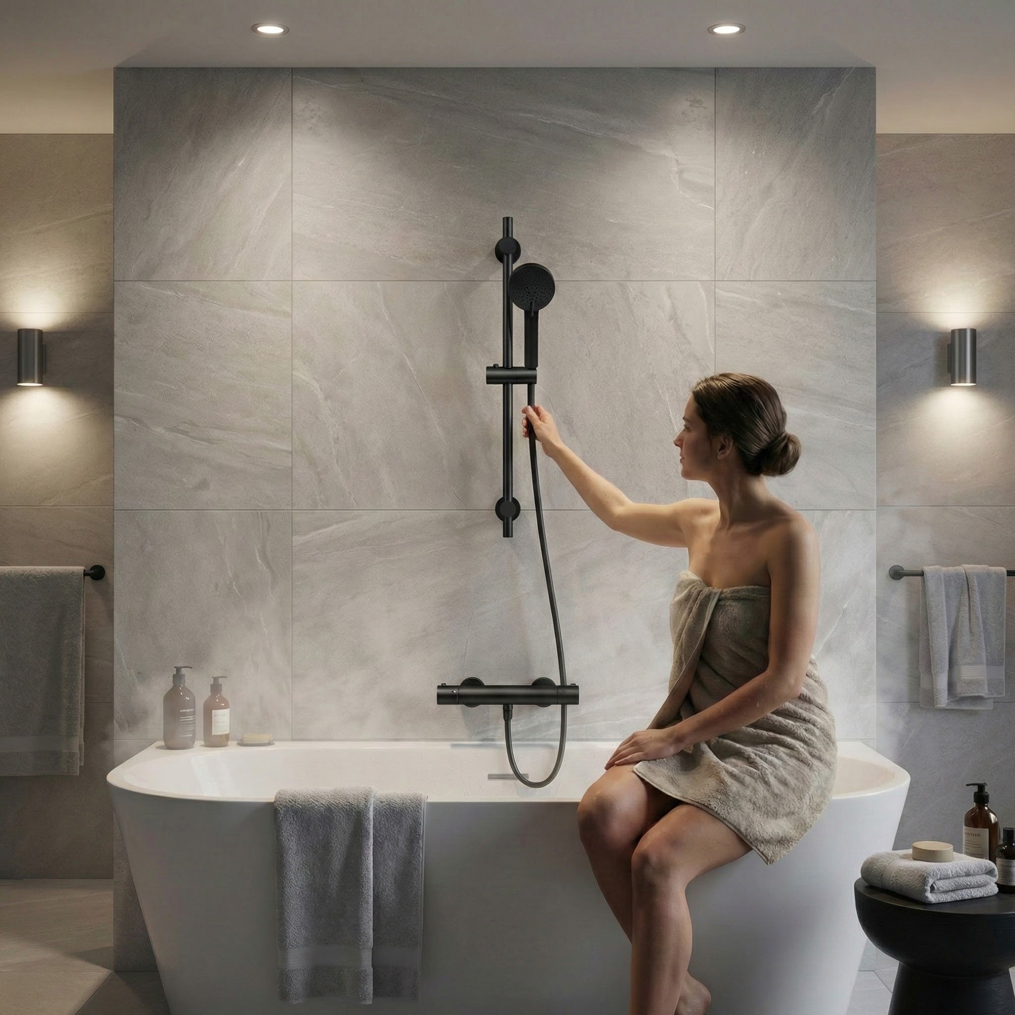 Arko Thermostatic Shower Mixer with Adjustable Riser Kit Exposed Round Shower – Black