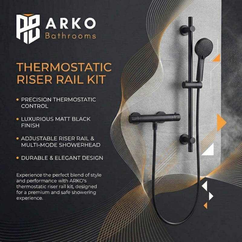 Arko Thermostatic Shower Mixer with Adjustable Riser Kit Exposed Round Shower – Black