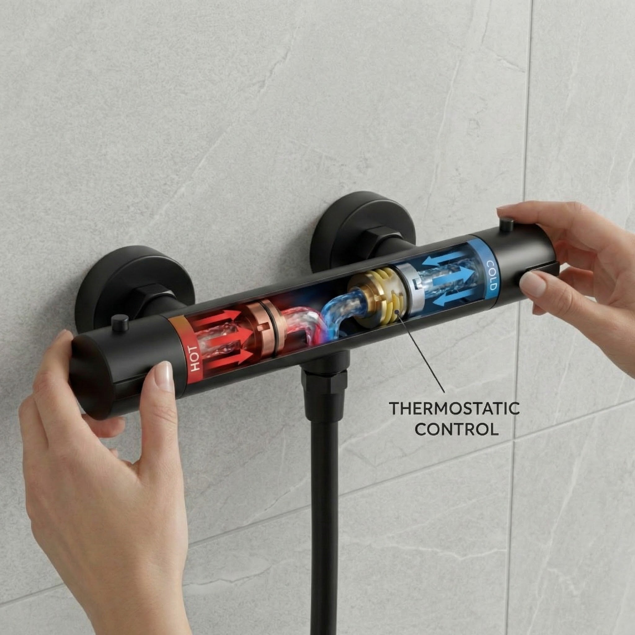Arko Thermostatic Shower Mixer with Adjustable Riser Kit Exposed Round Shower – Black