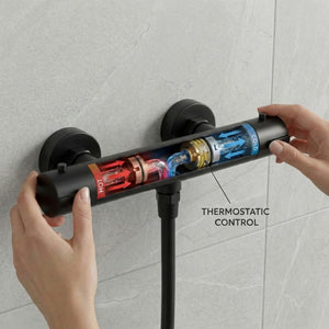 Arko Thermostatic Shower Mixer with Adjustable Riser Kit Exposed Round Shower – Black