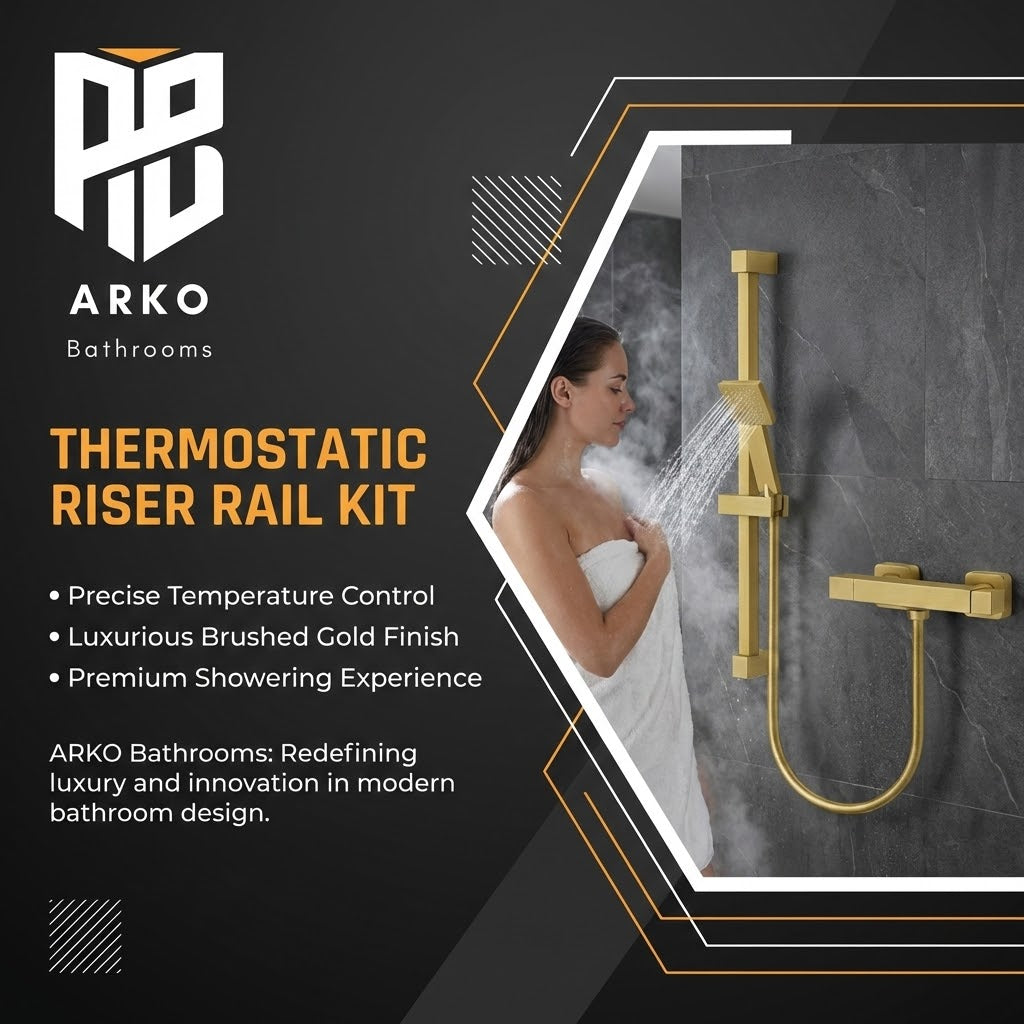 Arko Thermostatic Shower Mixer with Adjustable Riser Kit Exposed Square Shower – Brass