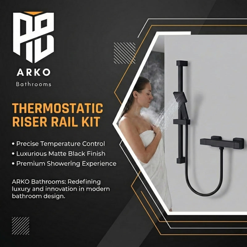 Arko Thermostatic Shower Mixer with Adjustable Riser Kit Exposed Square Shower –Black