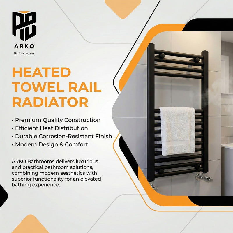 Arko Heated Towel Rail – 500 x 800mm – Straight Bars – Black