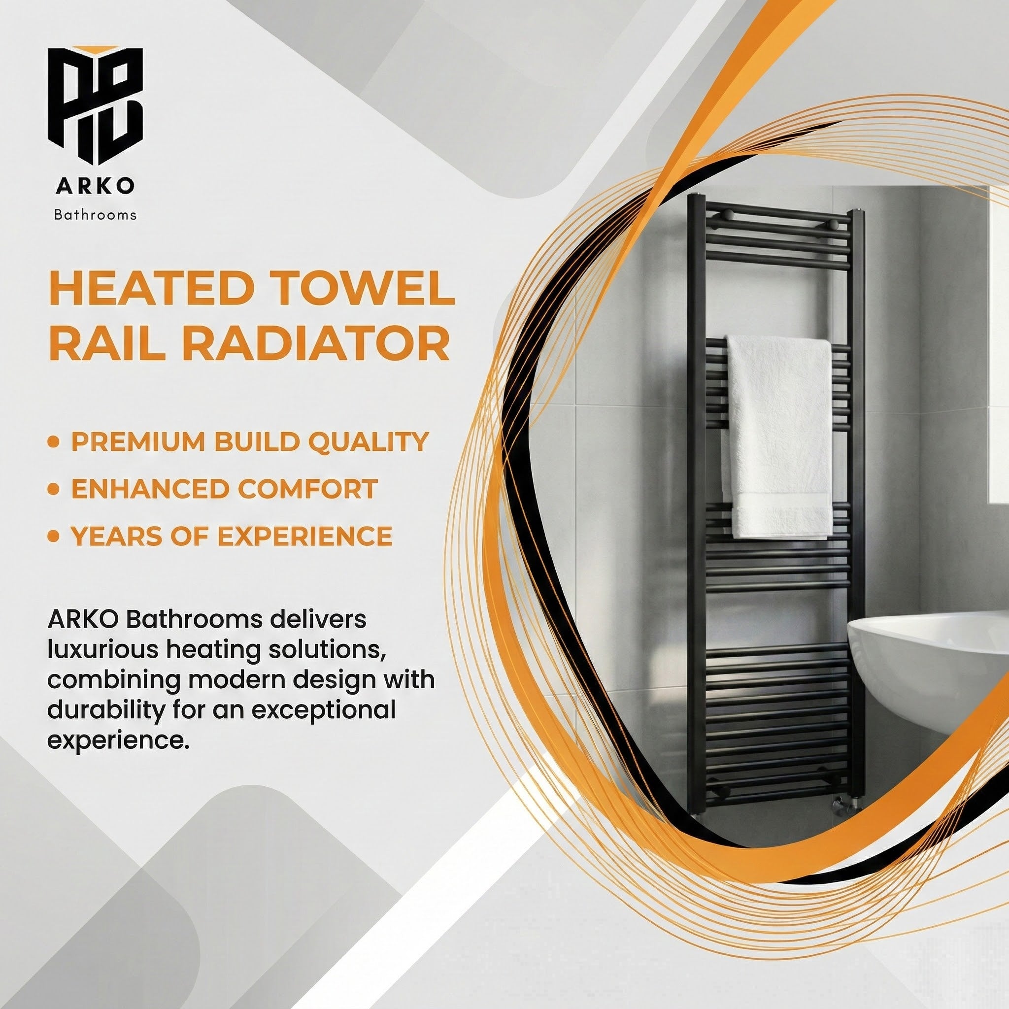 Arko Heated Towel Rail – Matt Black – 500 x 1600mm – Straight Bars