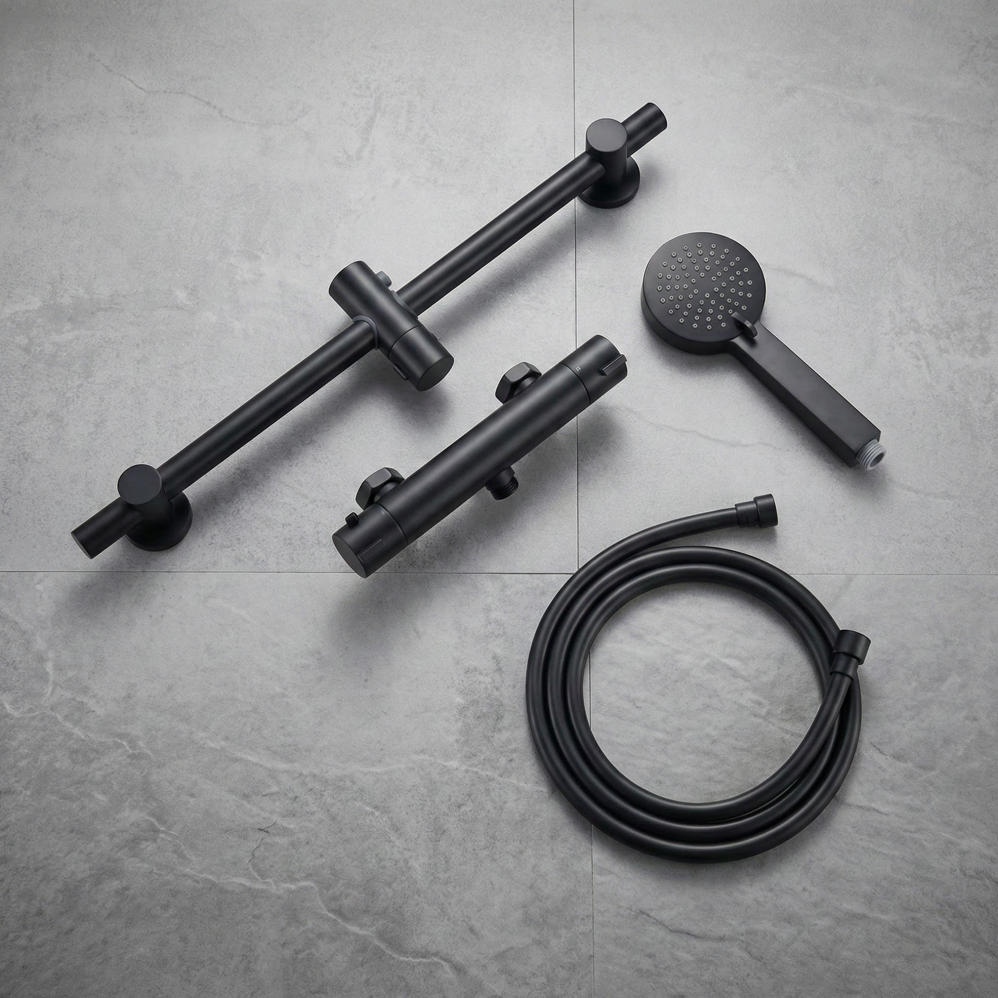 Arko Thermostatic Shower Mixer with Adjustable Riser Kit Exposed Round Shower – Black